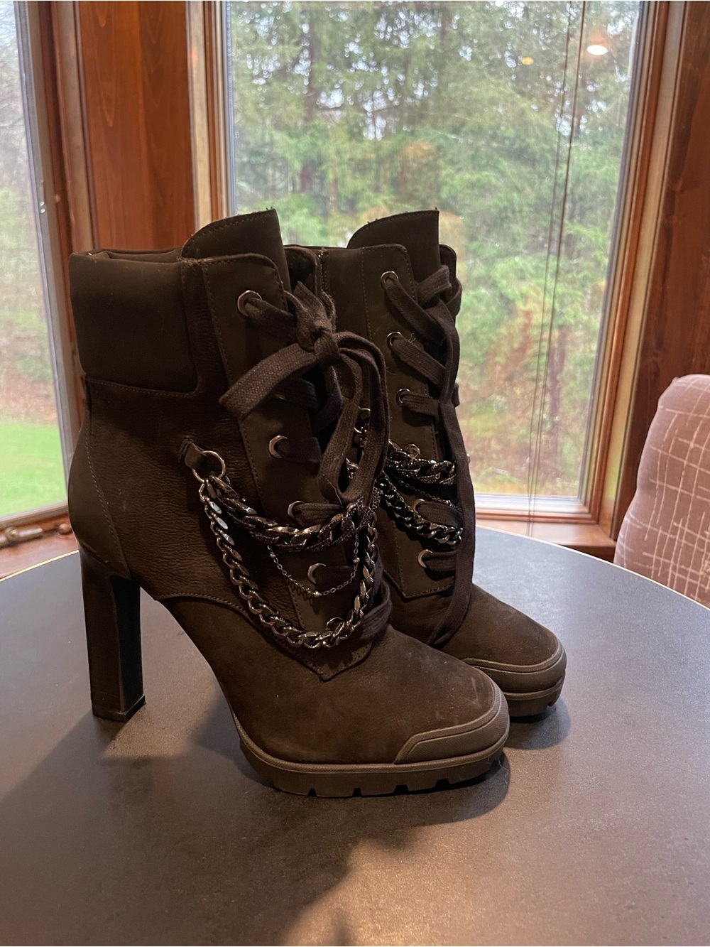 Karl Lagerfeld Black Lace-Up High Heel Ankle Boots with Chain Trim